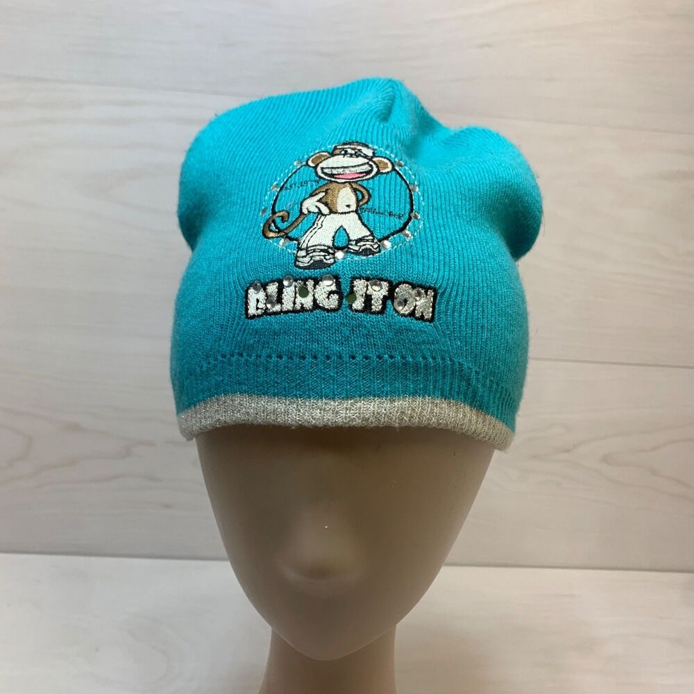 Y2K Bobby Jack Girls‎ Knit Beanie Hat Blue Monkey Embroidered Knit Retro